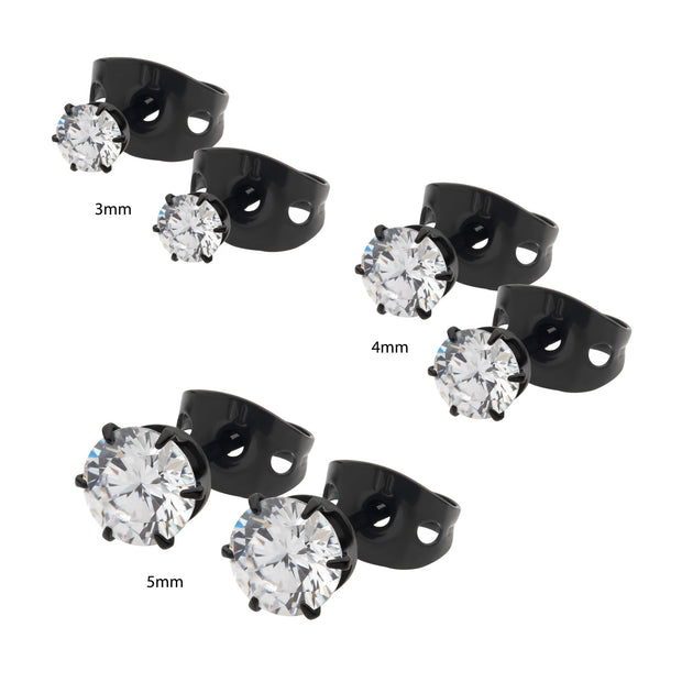 20g Black IP Titanium Post and Butterfly Back with 6-Prong Gem Stud Earrings