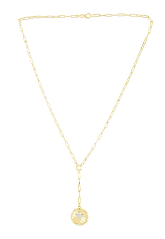 14K Gold Cross Two-tone Medallion Lariat Necklace