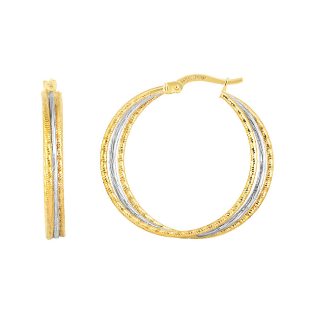 14K Gold Polished & Diamond Cut Double Row Hoop Earring