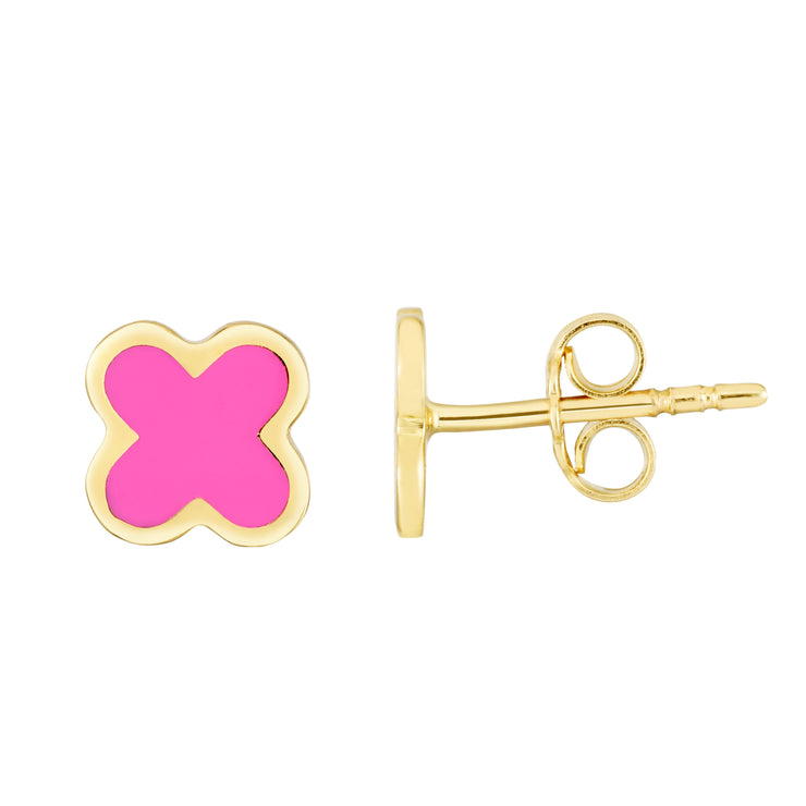 14K Pink Clover Enamel Earrings