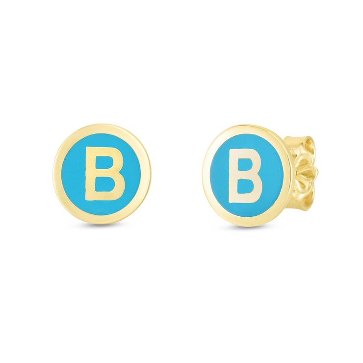 14K Turquoise Enamel B Initial Studs