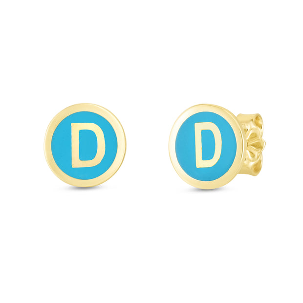 14K Turquoise Enamel D Initial Studs