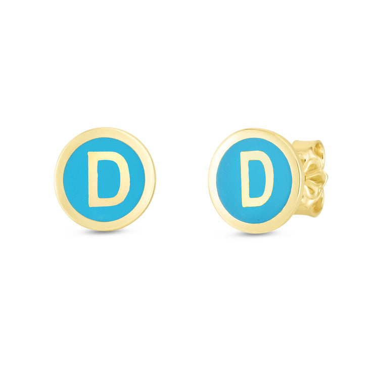 14K Turquoise Enamel D Initial Studs