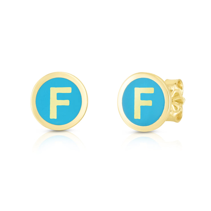 14K Turquoise Enamel F Initial Studs