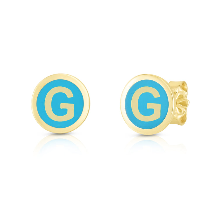 14K Turquoise Enamel G Initial Studs