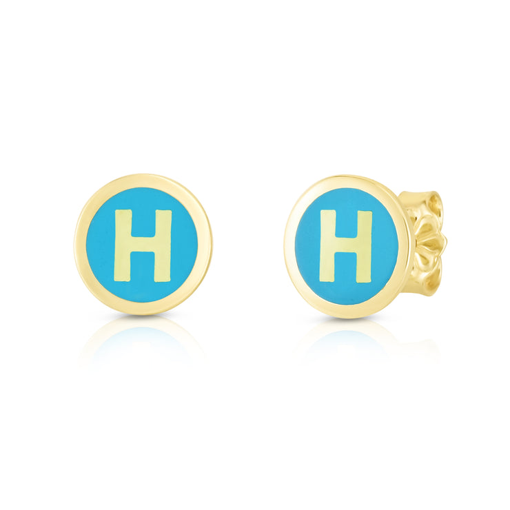 14K Turquoise Enamel H Initial Studs