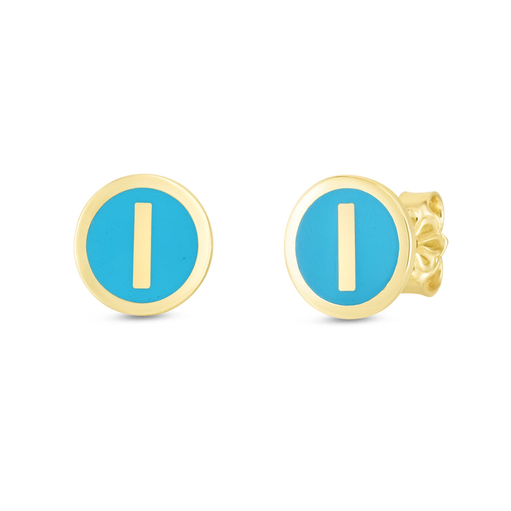 14K Turquoise Enamel I Initial Studs