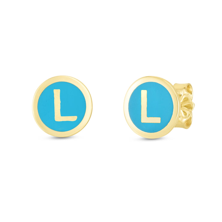 14K Turquoise Enamel L Initial Studs