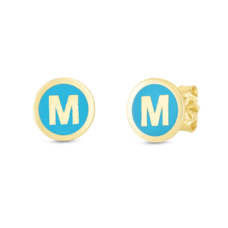 14K Turquoise Enamel M Initial Studs