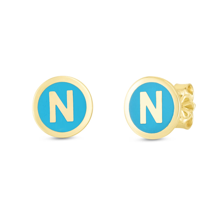 14K Turquoise Enamel N Initial Studs