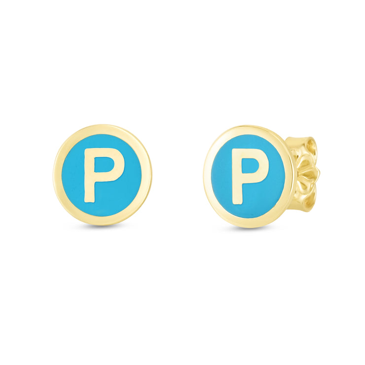 14K Turquoise Enamel P Initial Studs