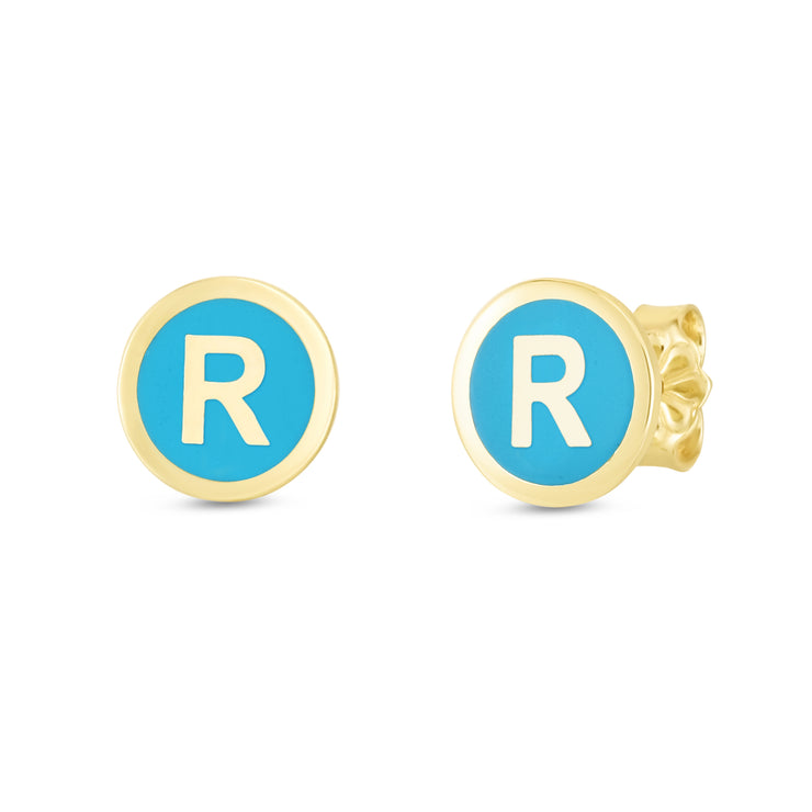 14K Turquoise Enamel R Initial Studs