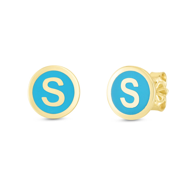 14K Turquoise Enamel S Initial Studs