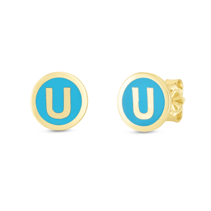 14K Turquoise Enamel U Initial Studs