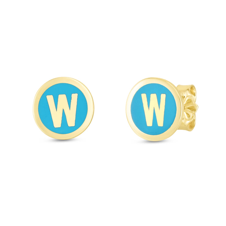 14K Turquoise Enamel W Initial Studs