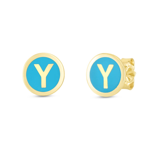 14K Turquoise Enamel Y Initial Studs