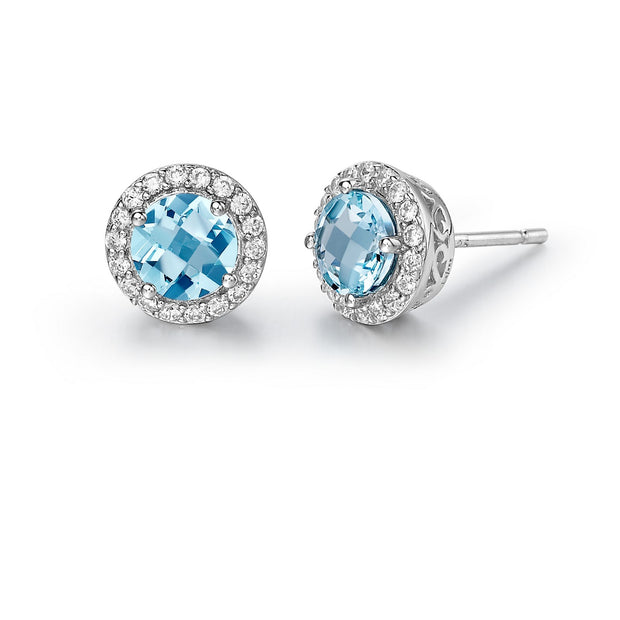 Genuine Blue Topaz Halo Stud Earrings